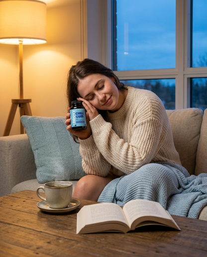 Woman winding down on the couch with a cup of tea, holding a bottle of Choovy Chill Gum