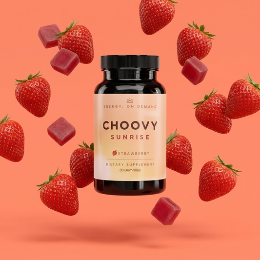 CHOOVY Sunrise bottle floating on a coral backdrop with strawberries and red gummy cubes