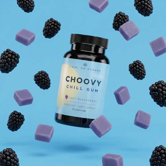 CHOOVY Chill Gum bottle floating on a sky-blue backdrop with blackberries and purple gummy cubes