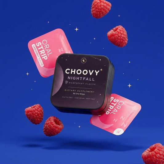 CHOOVY Nightfall tin floating on a deep blue night backdrop with raspberries and pink strip sachets